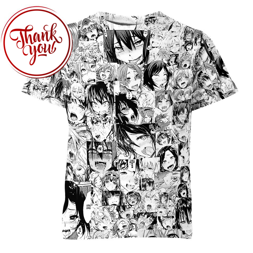 Black and White Cartoon Ahegao 3D Print Unisex T-Shirt