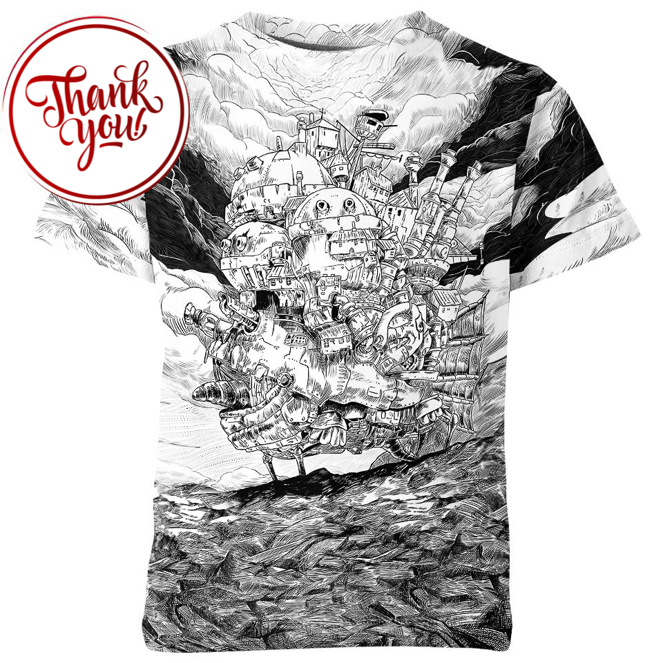 Black And White Howl's Moving Castle 3D Print Unisex T-Shirt