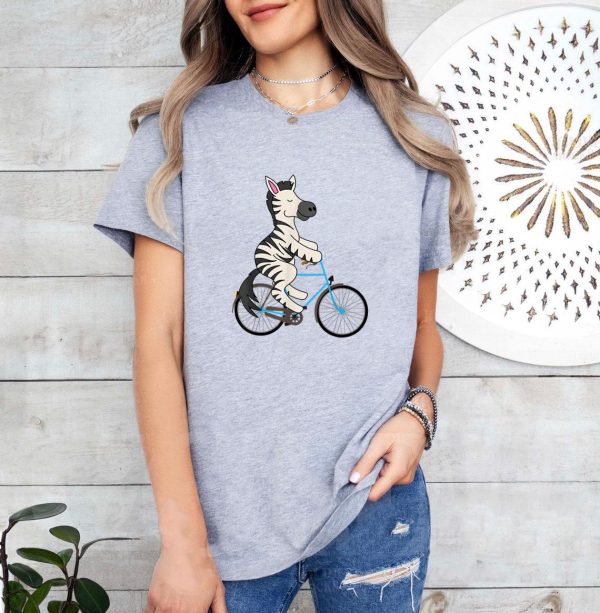 Zebra On Bike Black White Stripe Biking T-Shirt - Image 4