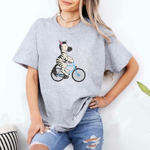 Zebra On Bike Black White Stripe Biking T-Shirt - Image 2